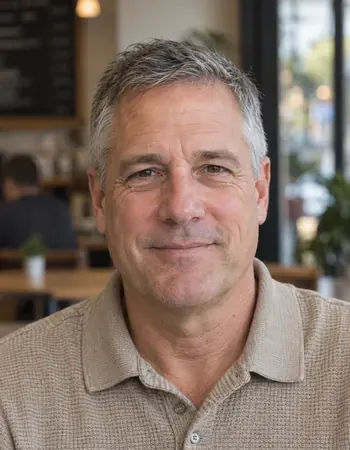 Man with gray hair in a tan polo shirt, seated in a cafe