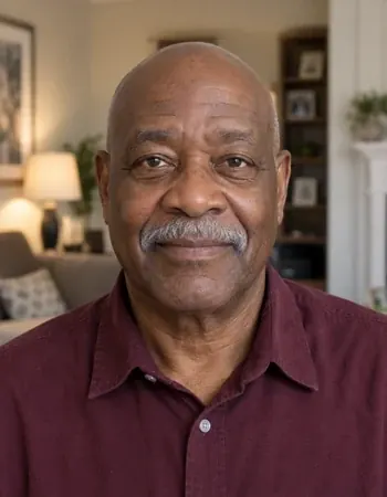 Older man with a gray mustache in a maroon shirt, in a living room