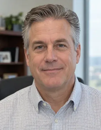 Man with gray hair in a light checked shirt, in an office