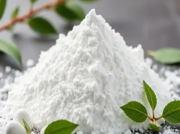 A pile of white calcium BHB powder with green leaves